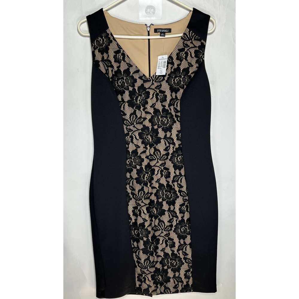 Roz & Ali Black Sheath Dress With Floral Lace Panel Cream‎ Lining Sz 10 NWT